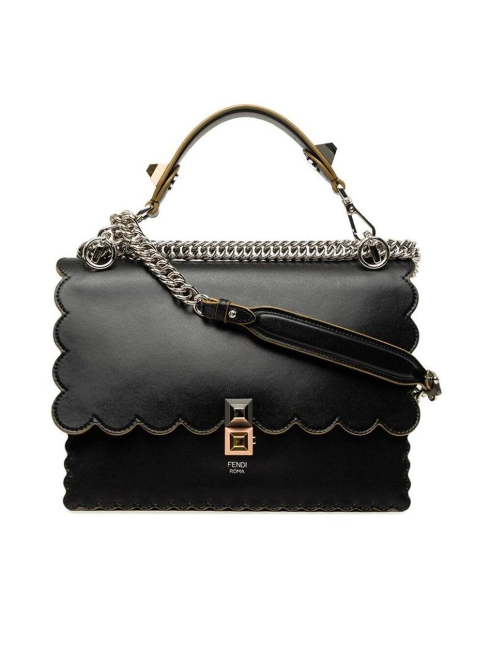 Fendi Canai Chain Shoulder Bag Black Leather
